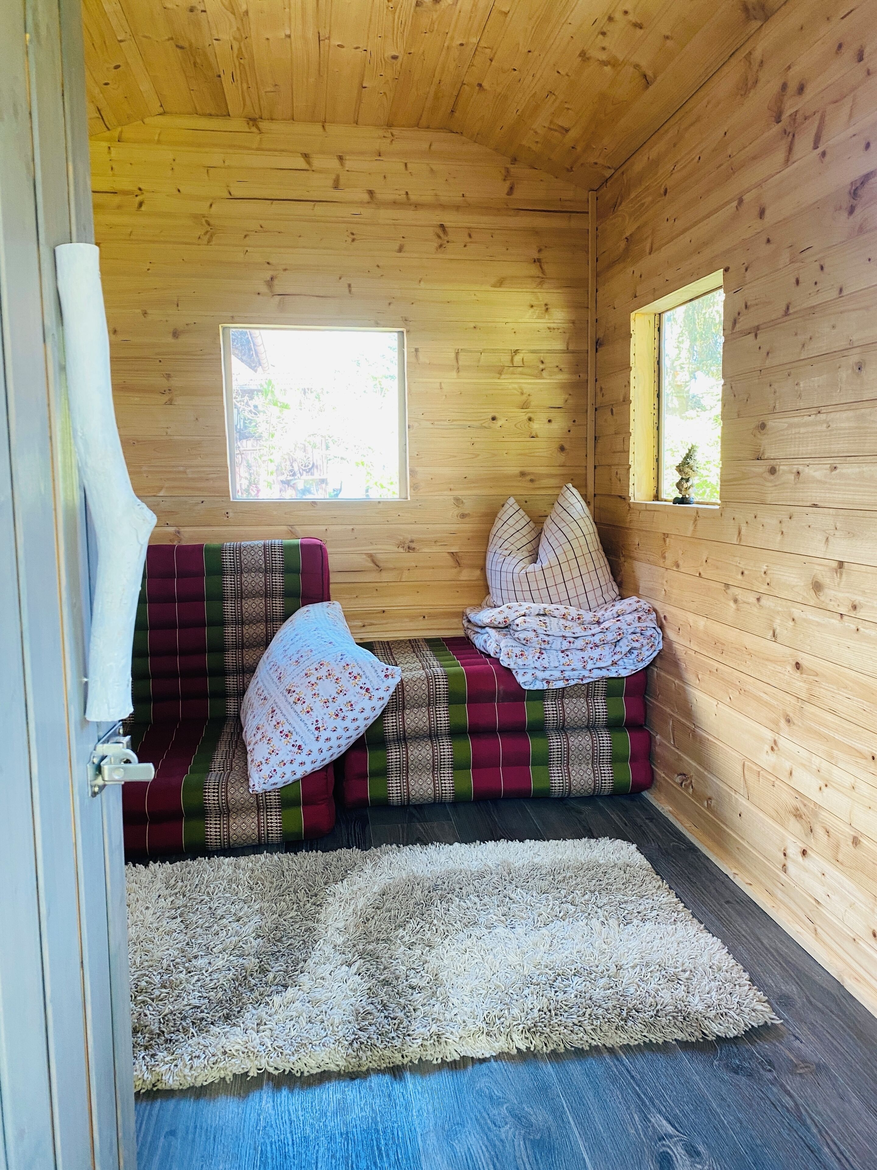 A wooden cabin interior with a sofa, two windows, and a rug.