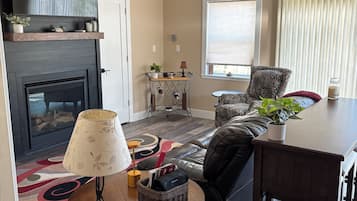 Smart TV, fireplace, DVD player, books