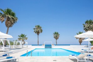 A clear blue sky, a swimming pool with lounge chairs, and palm trees.