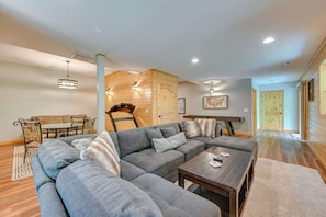 Smart TV, fireplace, books