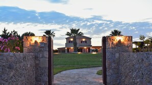 Un sendero de piedra conduce a un edificio con entrada iluminada, rodeado de follaje y palmeras.