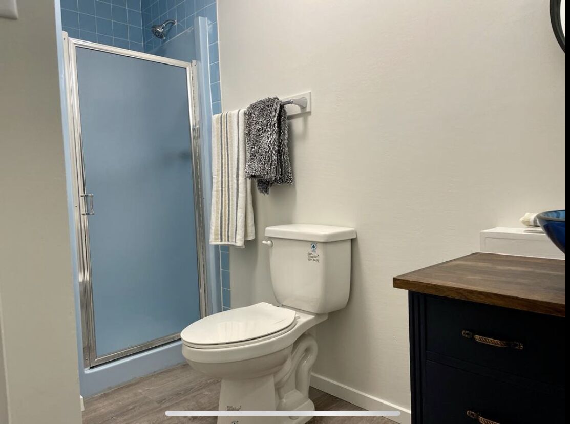 A bathroom with a shower, toilet, and a wooden cabinet.