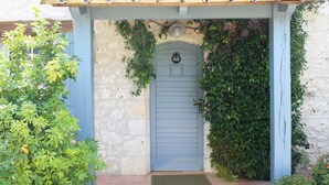 A blue door with a small knocker, a tiled entrance, and a green plant to the left.