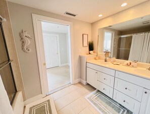 Hair dryer, towels, shampoo