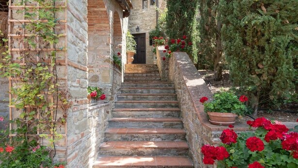 A stone staircase leading to a door, surrounded by potted plants and flowers. - Villa Nocella - Private villa with pool in Tuscany (Dicomano)