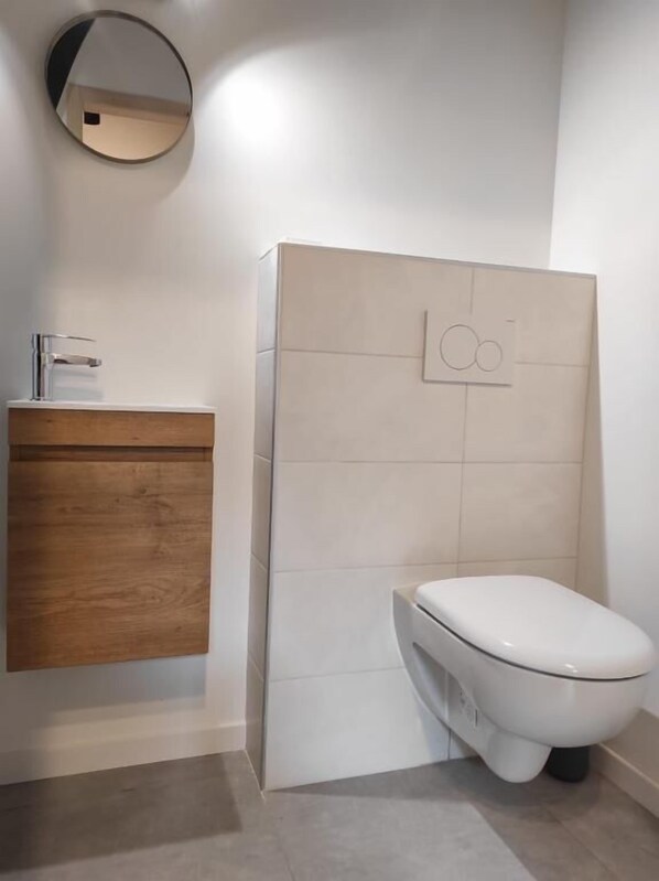 A modern bathroom with a wooden vanity, a white toilet, and a wall-mounted mirror.