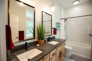 Hair dryer, towels, soap, shampoo