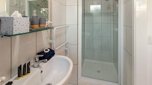 Un bagno con un lavandino bianco, una cabina doccia in vetro e uno specchio.
