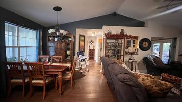 Smart TV, fireplace, video games, DVD player