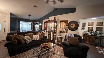 Smart TV, fireplace, video games, DVD player