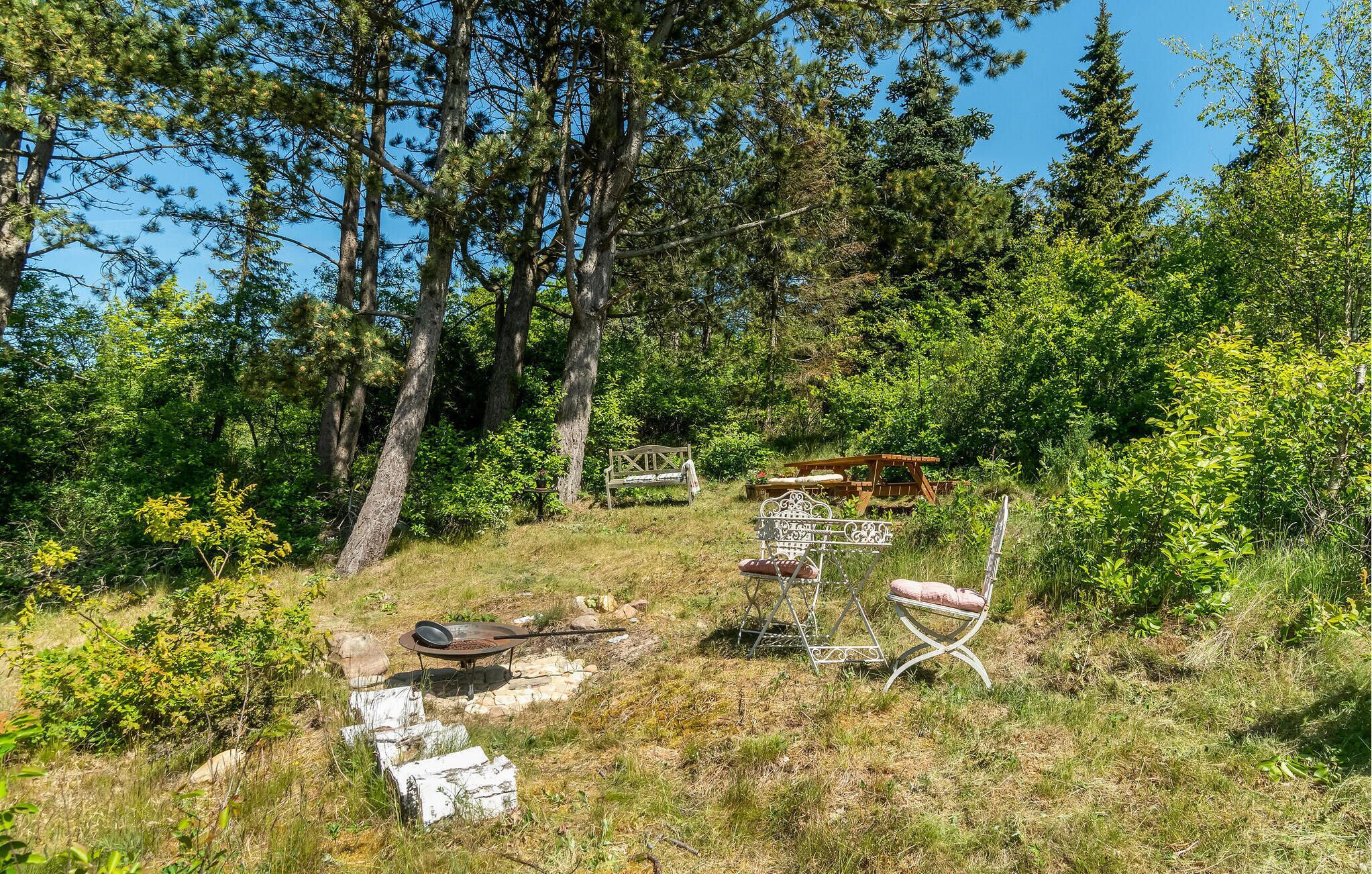 A rustic outdoor setting with a metal bench, a wooden picnic table, and a metal grill.