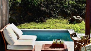 Ein Poolbereich mit einer Couch, einem Tisch und Stühlen.