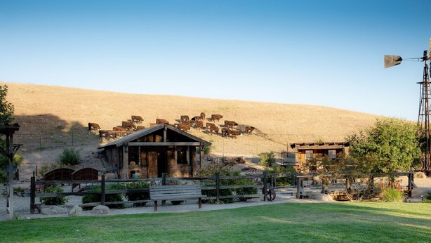 A rustic building with a sloped roof, surrounded by a fenced area with a grassy field in the foreground. - Paso Robles Ultimate Farm Stay! Country Oasis!! Very Unique!!! (San Miguel)