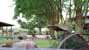 A rustic outdoor setting with a vintage metal wheel, a wooden bench, and string lights. - Paso Robles Ultimate Farm Stay! Country Oasis!! Very Unique!!! (San Miguel)