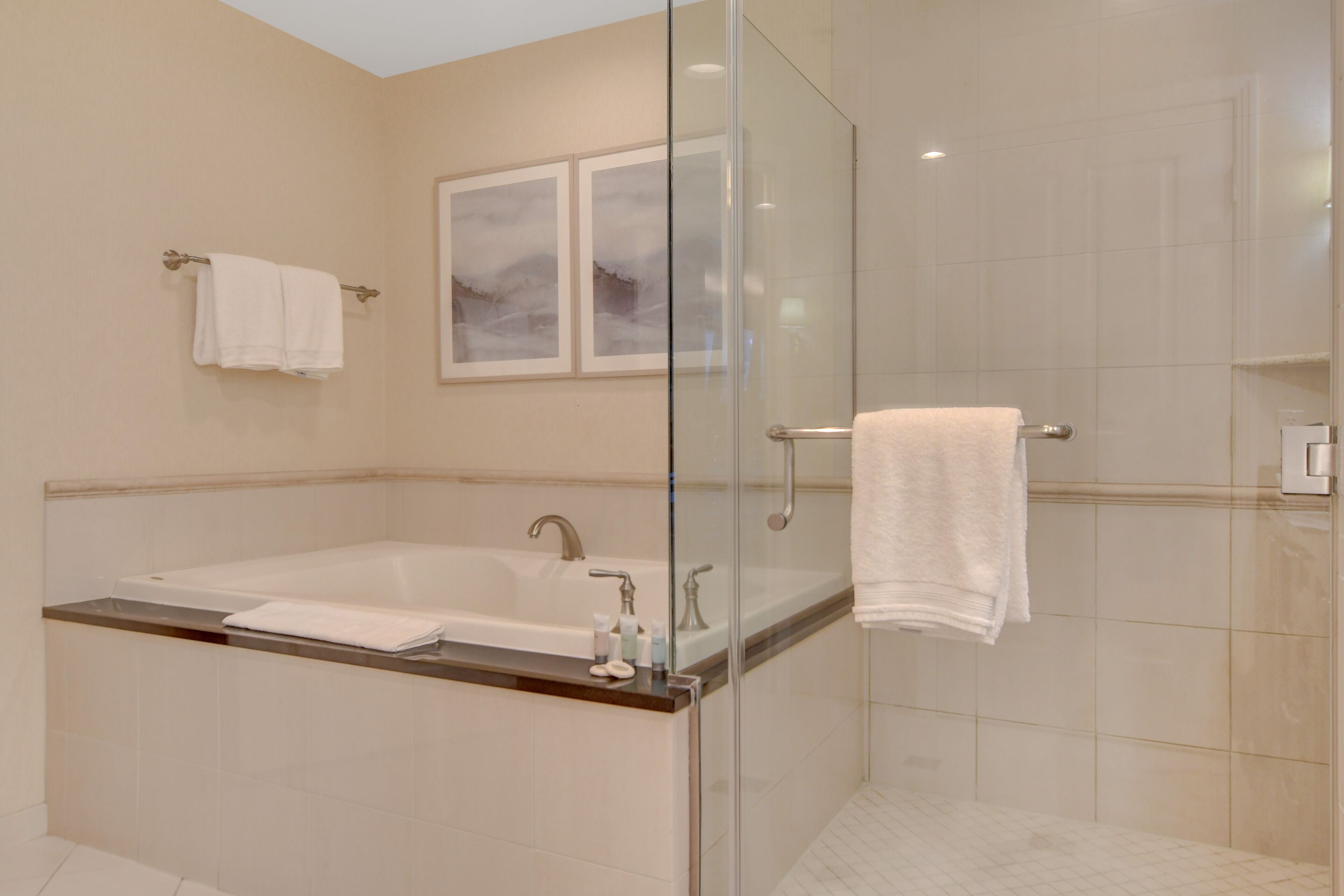 A modern bathroom with a glass-enclosed shower, a large bathtub, and a vanity with toiletries.