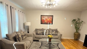 A living room with two sofas, a coffee table, a lamp, a painting, and a plant. - South County ranch house walking distance to Grant Trail (St. Louis)