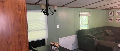 Un salon chaleureux avec un canapé vert, une table à manger entourée de chaises et un lustre.