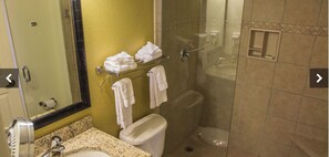 Hair dryer, towels, soap, shampoo