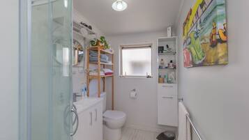 Shower, hair dryer, soap, toilet paper