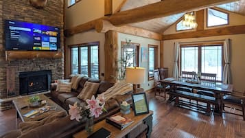 TV connectée, cheminée, lecteur de DVD, livres