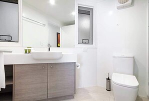Shower, hair dryer, shampoo