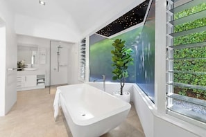 Combined shower/tub, hair dryer, shampoo