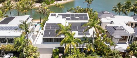 A modern building with solar panels, surrounded by palm trees and a body of water.