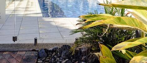 A modern house with a swimming pool, surrounded by lush greenery and a waterfall feature.