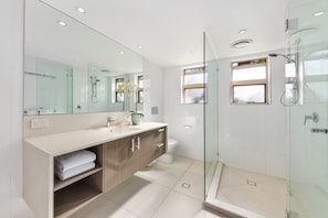 Shower, hair dryer, towels, soap