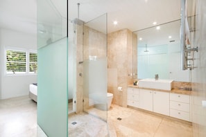 Une salle de bain moderne avec une douche à parois de verre, des toilettes et un meuble-lavabo avec un évier.