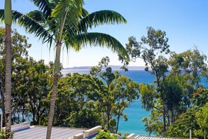 Une propriété située sur la côte, offrant une vue sur la mer, entourée d’une végétation luxuriante et sous un ciel dégagé.