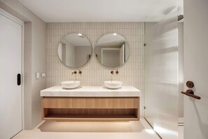 Combined shower/tub, hair dryer, shampoo