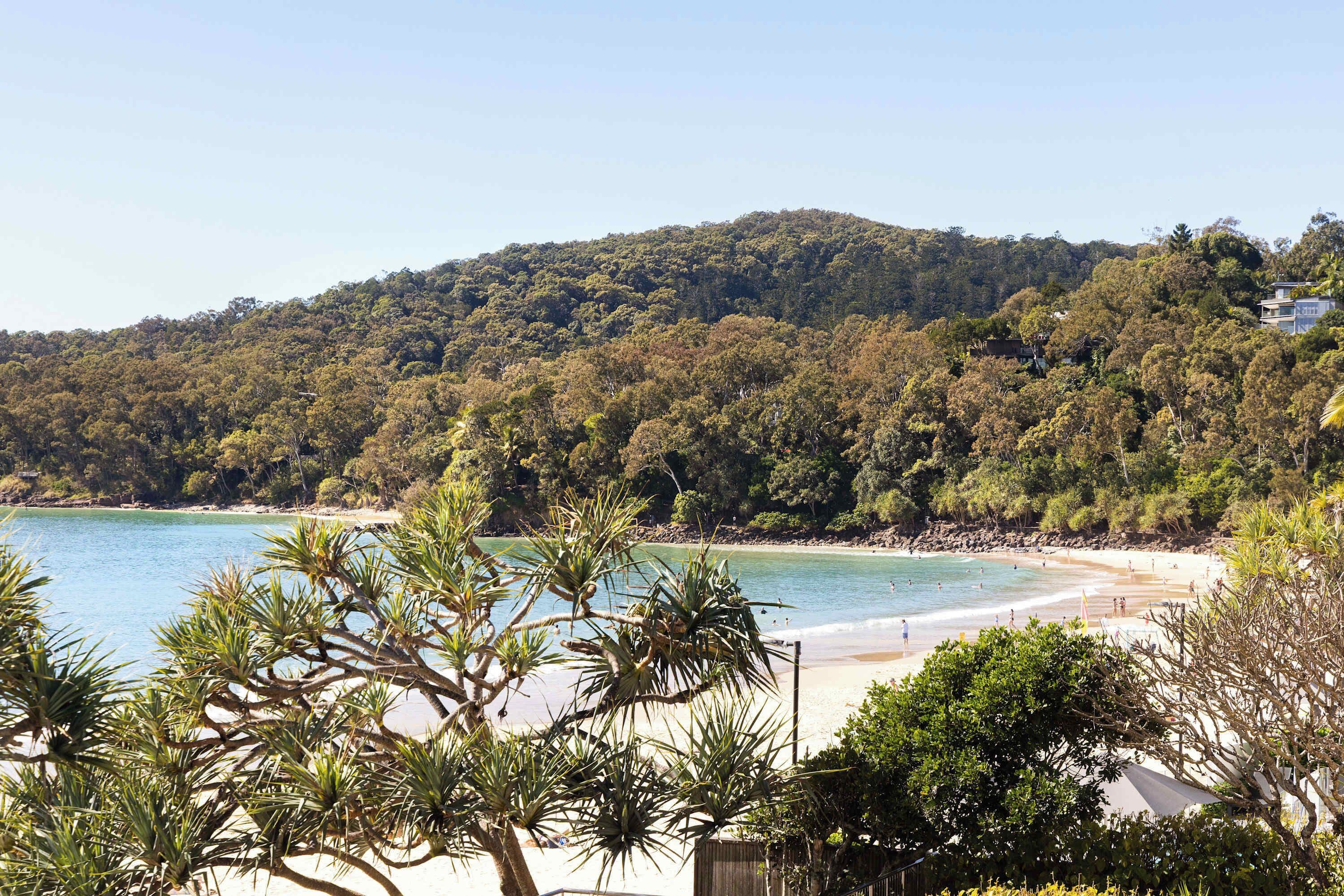 A beach with clear water, surrounded by dense forest and hills.