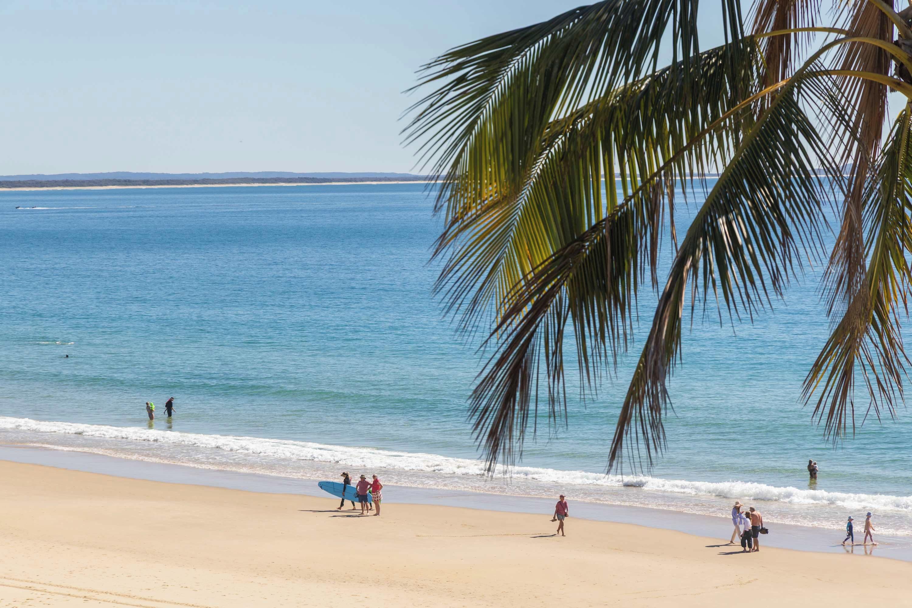 A beach with clear blue water, palm trees, and people walking along the shore.