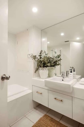 Combined shower/tub, hair dryer, shampoo