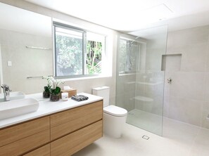 Combined shower/bathtub, hair dryer, towels, soap