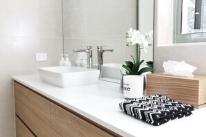 Combined shower/bathtub, hair dryer, towels, soap