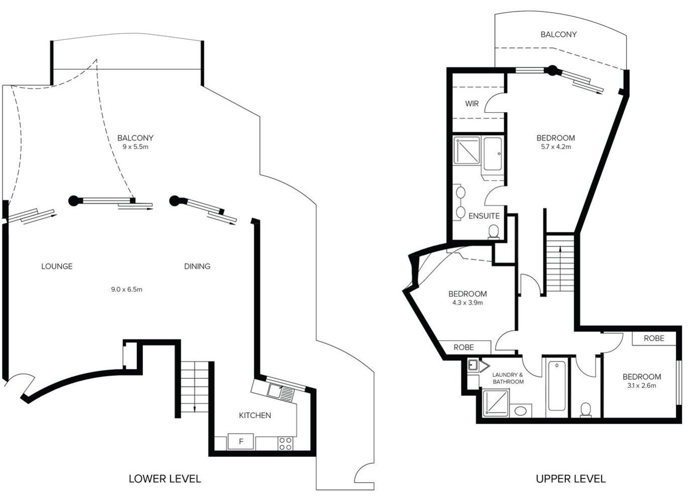 Plano de planta de un hotel que muestra una planta baja con sala de estar, comedor, cocina y balcón, y una planta alta con habitaciones, baño privado, vestidor y balcón.