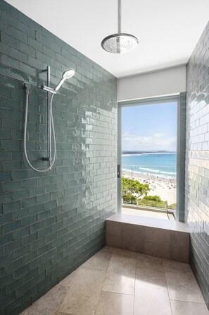 Combined shower/bathtub, hair dryer, towels, soap