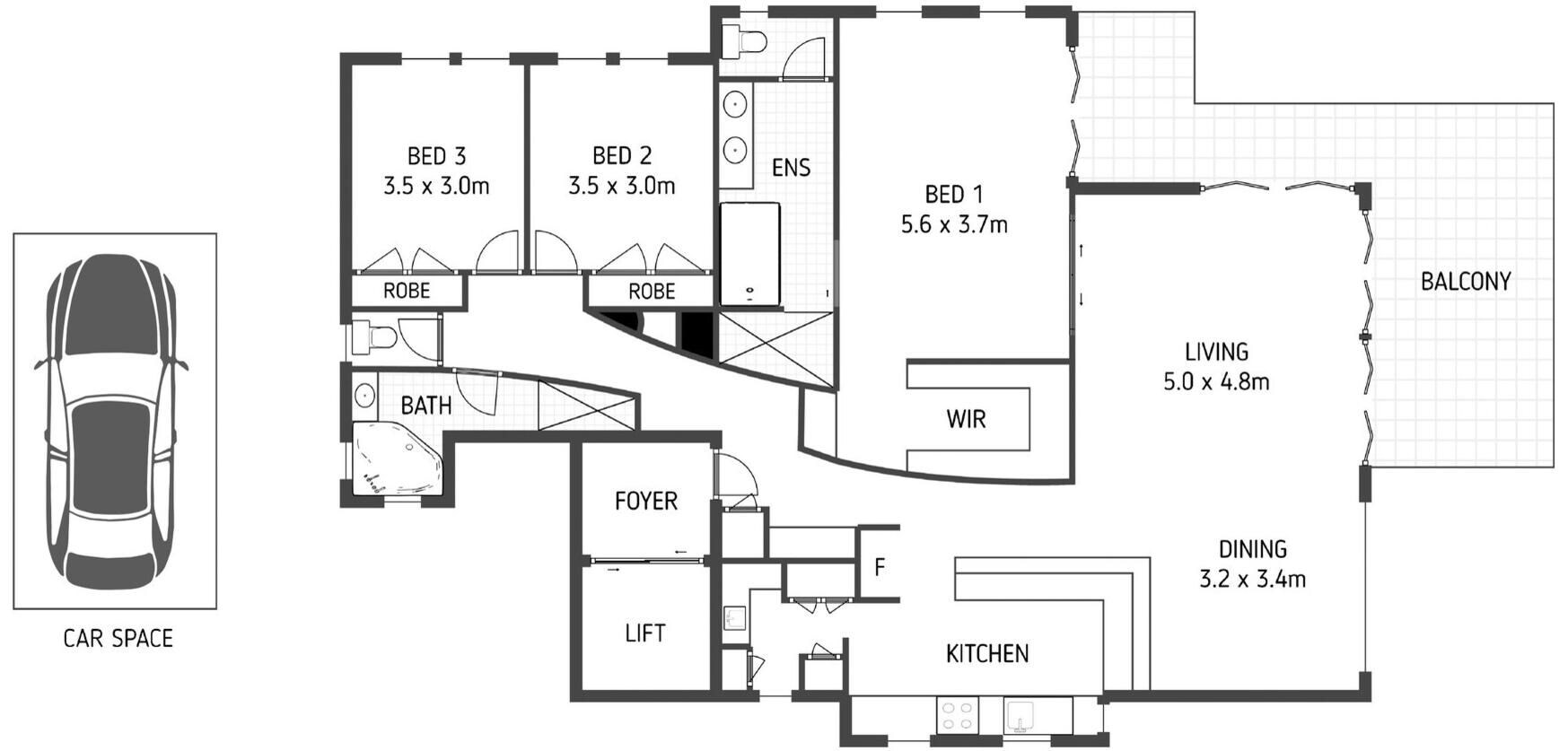Pianta degli ambienti con posto auto, tre camere da letto, soggiorno, zona pranzo, cucina e balcone.