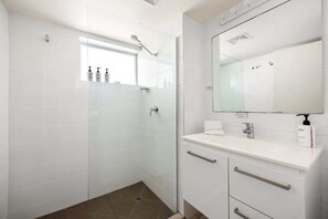 Combined shower/bathtub, hair dryer, towels, soap