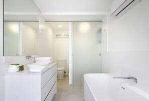 Combined shower/tub, hair dryer, towels, soap