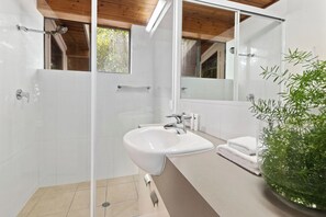 Hair dryer, towels, soap, shampoo