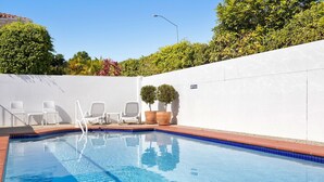 A swimming pool with clear blue water, surrounded by white walls and a white fence. There are white lounge chairs and two potted plants. - Villa Aqua - Riverside Retreat with Pool (Noosaville)