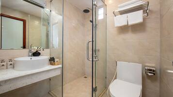 Hair dryer, towels, soap, shampoo