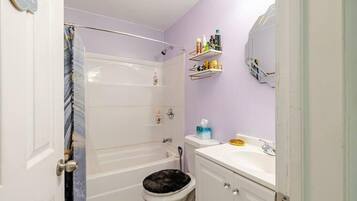 Hair dryer, towels, soap, shampoo