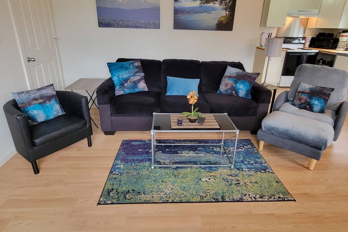 Una sala de estar con un sofá negro, dos sillones, una mesa de centro con un jarrón de flores y una alfombra. Hay dos cuadros en la pared.