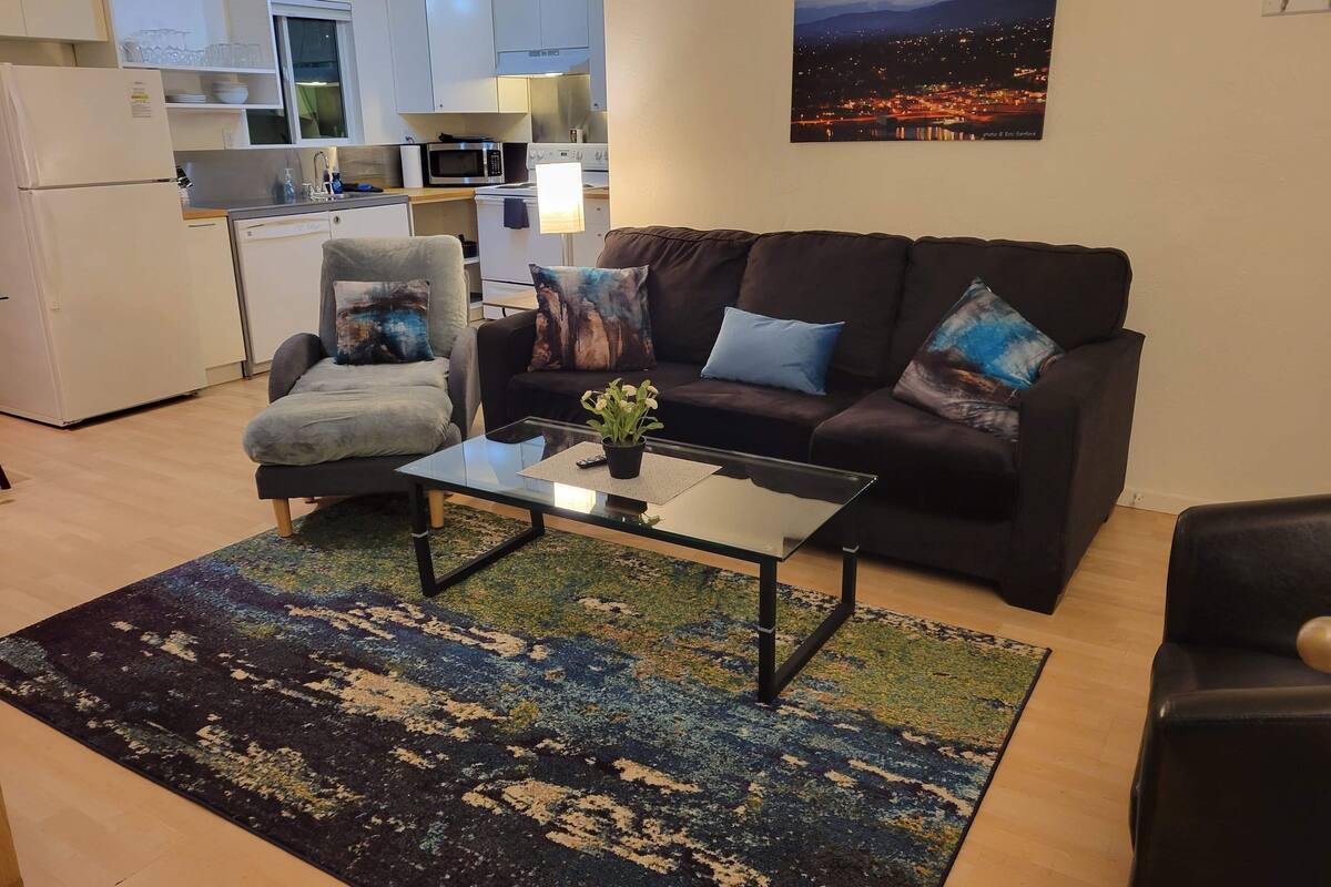 Una sala de estar con sofá, sillón, mesa de centro y alfombra.