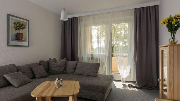 A modern living room with a grey sofa, a wooden coffee table, and a framed picture on the wall. - Spreewald-Familienherberge (Lübbenau/Spreewald)