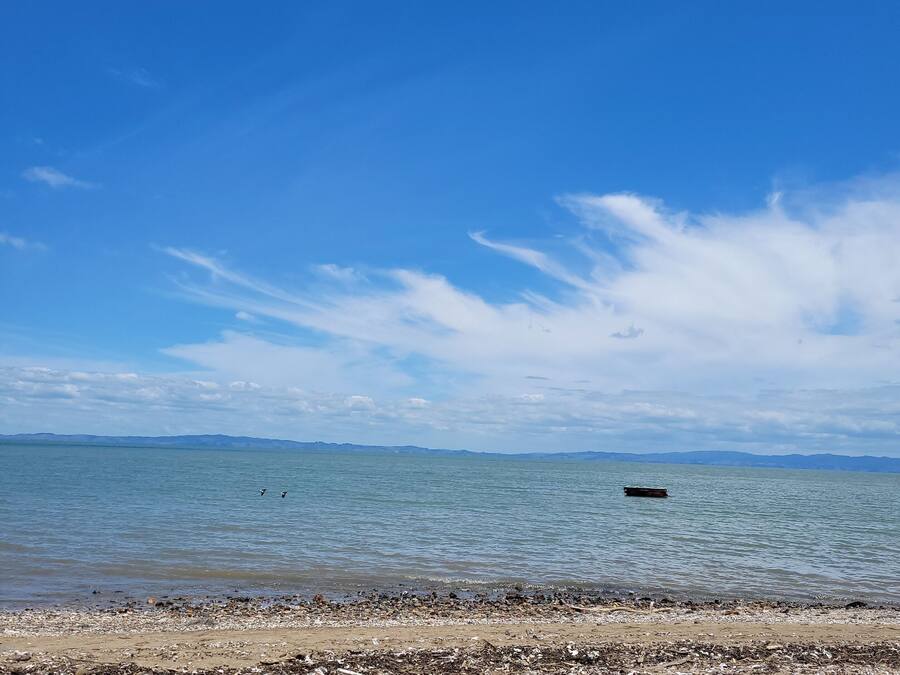 Una playa con cielo despejado, agua tranquila y montañas a lo lejos.